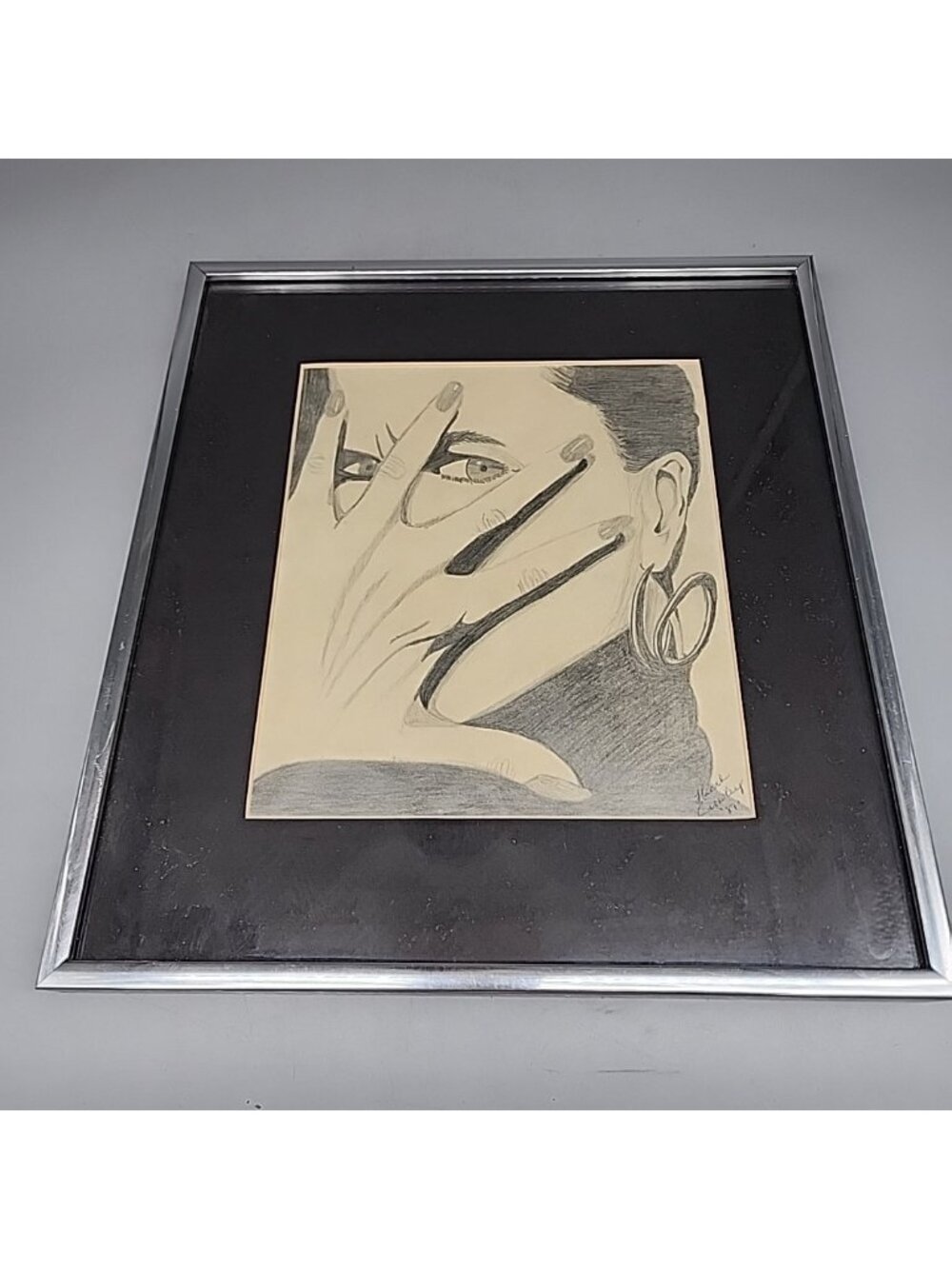 Framed Original Pencil Drawing 1987 Signed Crowley Woman Hand Face 12.5x12.5"